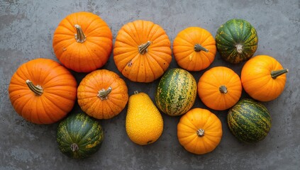 Autumnal seasonal produce featuring fresh pumpkins on a gray surface. A bountiful melon harvest.