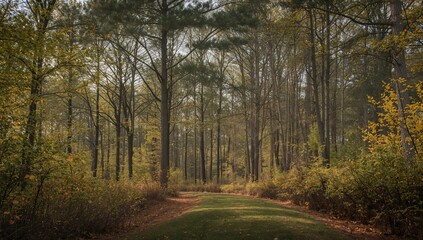 Obraz premium Dense woodland scenery with sunlit pathways and seasonal foliage
