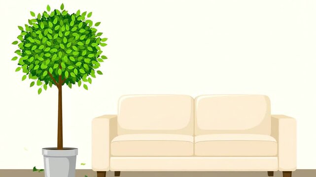 Minimalist Living Room with Potted Plant and Cream Sofa.