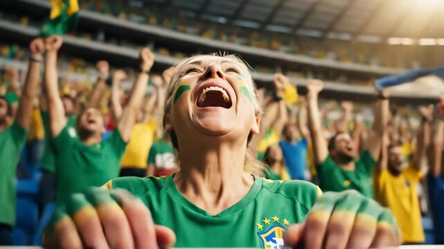 Passionate Senior Brazilian Fan Ecstatically Cheering at a Football Match.