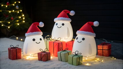 Cute ghost lights with Santa hats