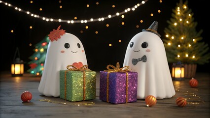Cute ghosts exchanging Christmas gifts decoration