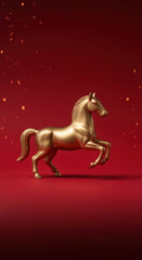 Elegant golden horse figurine standing proudly on a vibrant red background with glowing spark particles floating in the air