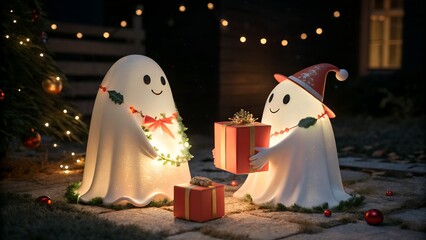 Cute glowing ghosts exchanging Christmas gifts