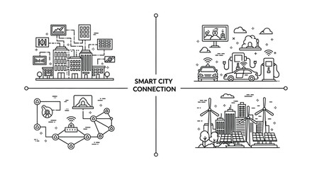 Smart city connection concept with ai automation and sustainable energy solutions represented by icons vector