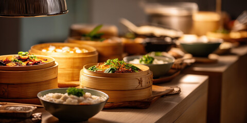 Steamed dumpling basket bamboo steamer buffet table dimly lit cozy night catering setup