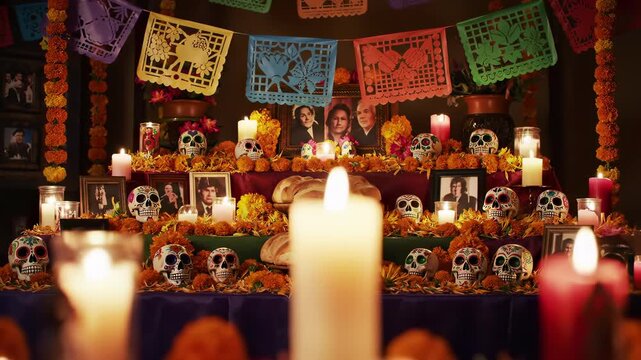 D?a de Los Muertos: Vibrant Decorated Altar Displaying Mexican Tradition, Marigolds, Sugar Skulls, Candles, Papel Picado, Ofrendas