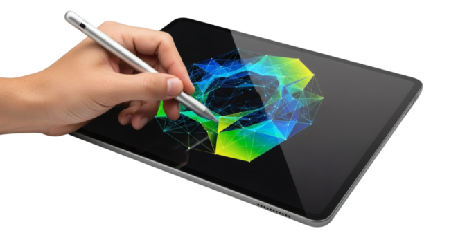 Modern Hand Holding Digital Pen Drawing Geometric Shape on Tablet - Powered by Adobe