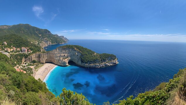 Wide-angle scene of a gulf with towering cliffs overlooking another bay in a protected coastal park, showcasing the vibrant blue sea under a clear summer sky