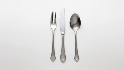 Isolated cutlery set featuring a fork, knife, and spoon on a white background, suitable for dining settings