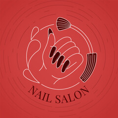 Simple line modern nail studio logo concept with polish bottle and hand line design