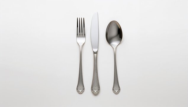 Isolated cutlery set featuring a fork, knife, and spoon on a white background, suitable for dining settings - Powered by Adobe