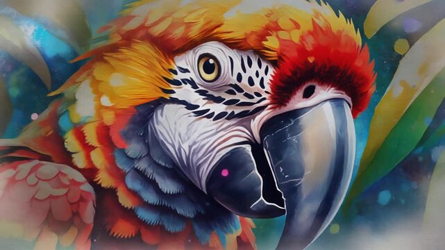 Close-up Artistic Parrot Painting - Vibrant Tropical Bird Illustration Slow Zoom