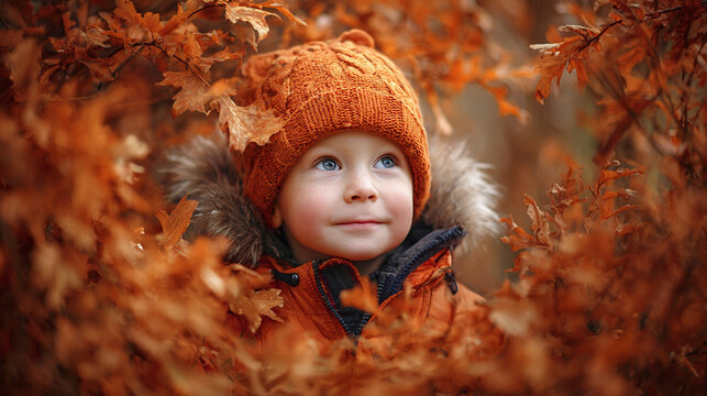 A cute child wearing an orange hat looking upwards among the fall foliage leaves
