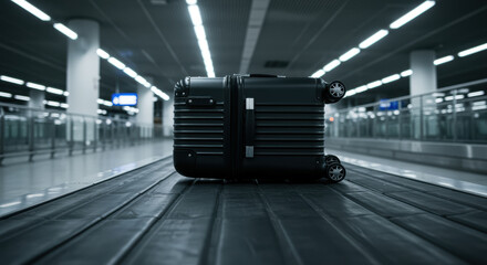 Black hard shell suitcase on airport baggage carousel under fluorescent lights, unattended luggage in modern terminal environment