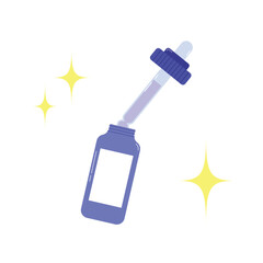 Flat Design Skincare Dropper Bottle with a Blue Serum. The Bottle is Open and Tilted with the Dropper Partially Inserted. Surrounded by Bright Sparkles on a White Background. 