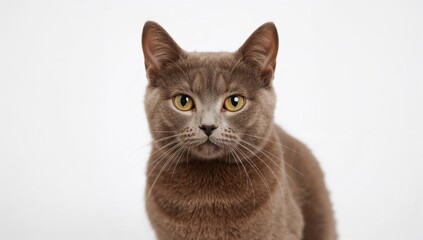 Obraz premium Brown cat on a white background, focused posture, pet observation