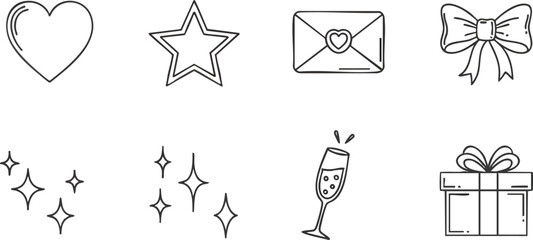 Hand drawn celebration and love icons set in black and white.