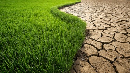 Obraz premium Arrow moving from lush green fields to arid land with cracked earth, symbolizing climate change or global warming.