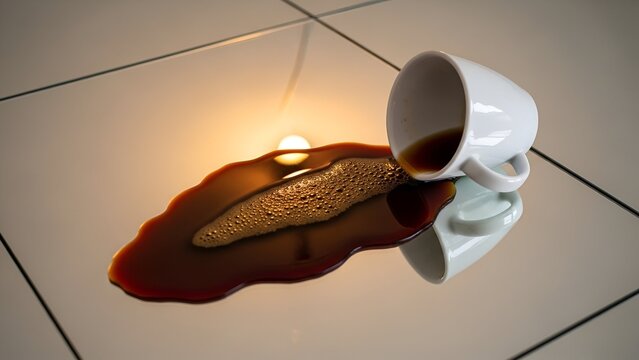 A white mug overturned, spilling dark liquid across a tiled surface. Reflective glow present - Powered by Adobe