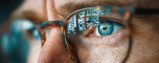 Closeup of a blue eye wearing glasses with code reflected in the lens