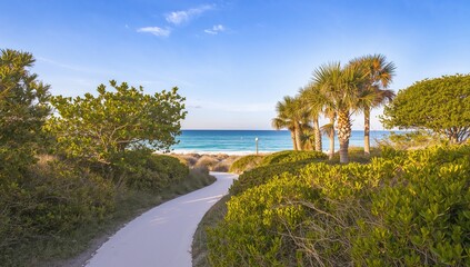Anna Maria Island beach with greenery and sandy path, showcasing natural beauty and relaxation