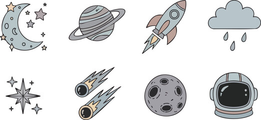 Collection of SpaceThemed Illustrations Moon Planet Rocket Cloud Star Comets Moon Surface Astronaut Helmet.