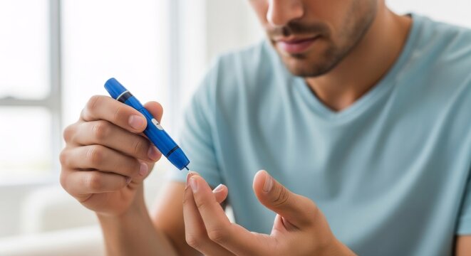 A Caucasian man using a lancing device on finger at home. Banner template for diabetes health care and blood glucose level monitoring. Managing insulin resistance, diabetes awareness month.