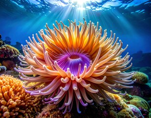Obraz premium A vibrant underwater scene showcases a sea anemone with sunlight rays