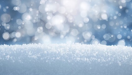 Close-up of snowy terrain with winter texture and soft bokeh lighting. Blurred background and shallow focus ideal for holiday-themed designs. Space available for text.