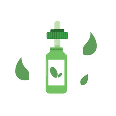 Flat Design Organic Green Serum Dropper Bottle Surrounded by Floating Green Leaves. The Bottle Features a Label with Leaf Icons. This Depicts Natural Skincare Beauty Products and Herbal Cosmetics.