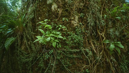 Green epiphytic plants thriving on tree bark alongside lichen and vines, showcasing urban density