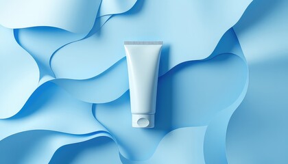 Minimalist product photography of a skincare tube on a gentle, flowing, pastel blue backdrop