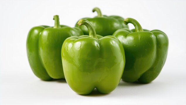 Fresh vibrant green bell peppers on a white background, fiber-dense choice