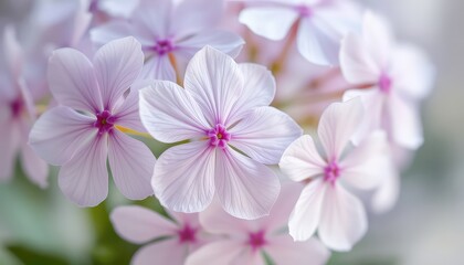 Delicate pale pink and white blossoms with vibrant magenta centers, clustered together in a display of natural beauty and floral elegance