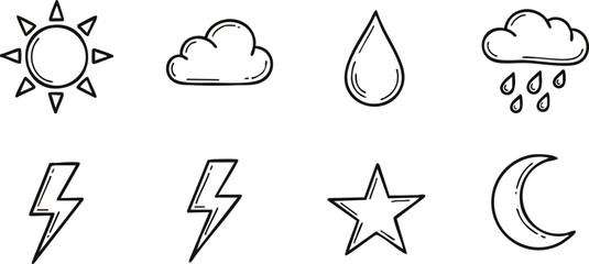 Weather Icons Depicting Sun Cloud Rain Lightning Star and Moon.