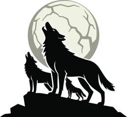 Howling Wolves Silhouette Vector Illustration of Wild Wolf Pack Under Full Moon on Rocky Hill Night Scene