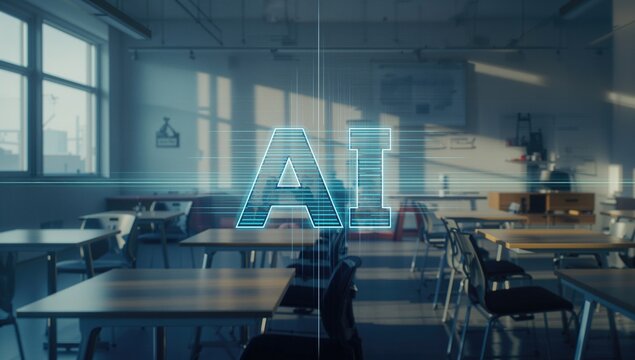 Futuristic AI icon hologram displayed before a chic, contemporary learning space with double exposure effect