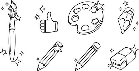 Art Supplies Doodle Collection Paintbrush Palette Pencils Eraser and Thumbs Up.