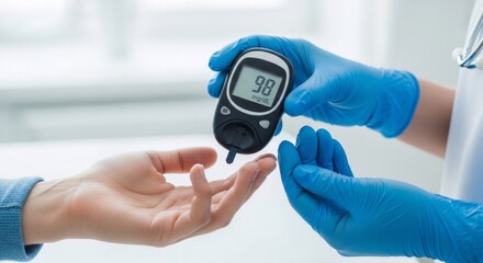 Doctor in gloves checking blood sugar with glucose meter, banner template for diabetes management health monitoring or glucose testing awareness with copyspace.