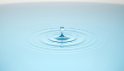 Single droplet creating ripples on a serene and calming light blue water surface, an abstract concept for purity and cleanliness