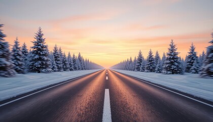 A winter road vanishes towards a distant horizon beneath a warm dawn sky, lined by snow-covered evergreen trees
