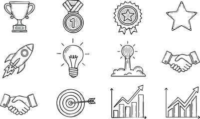 Set of Hand Drawn Business Icons for Success and Achievement.