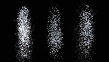 Isolated white powders including snow, salt, and sugar on a dark translucent background.