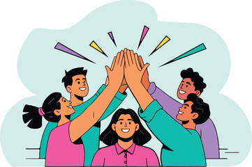 Obraz premium Vector illustration of Teamwork Success and Unity Concept Hand Drawing Group of Happy People Giving High Five Together Celebrating Achievement.