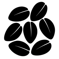 Seven stylized coffee beans arranged in a cluster over a white background