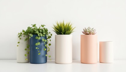 Minimalist indoor plant arrangement featuring diverse greenery in stylish, colorful cylindrical containers on a clean white surface