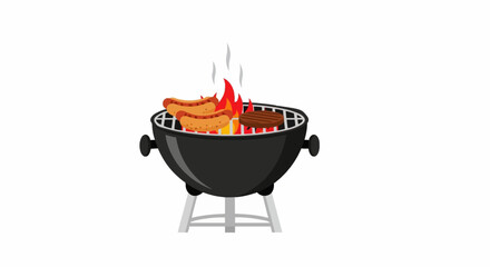Vector illustration of a BBQ grill with sausages and steak cooking over open flames.