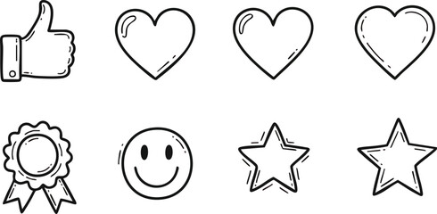 Handdrawn doodle set of social media and feedback icons.