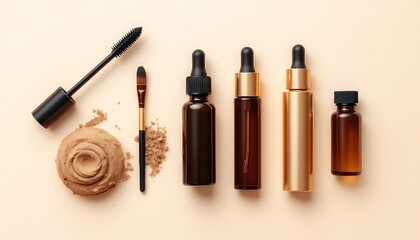 Elegant cosmetic essentials arrangement with neutral background showcasing beauty and personal care products for skin and eye enhancement